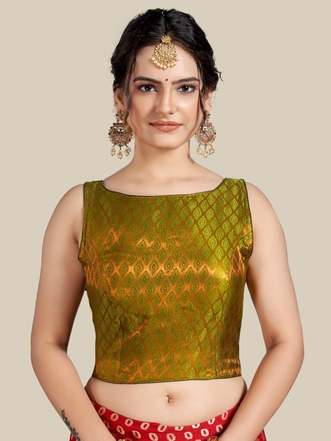 HIMRISE Women Olive & Gold-Toned Woven Design Readymade Saree Blouse