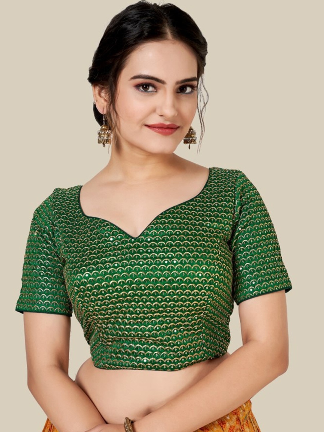 HIMRISE Green Sequin Embellished Silk Saree Blouse