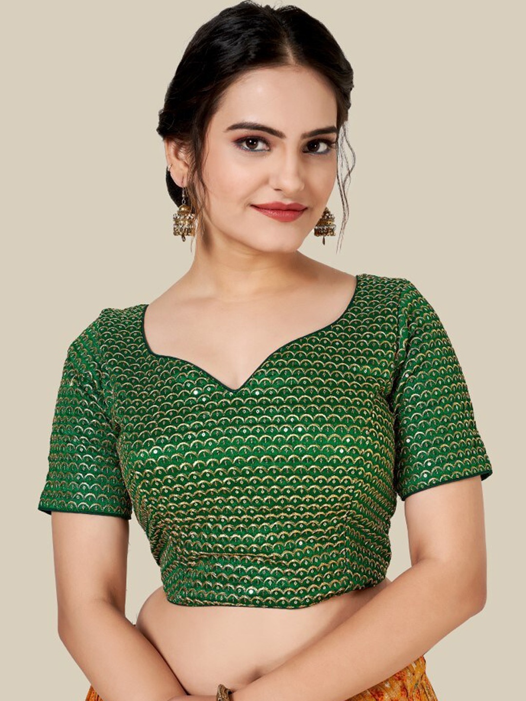HIMRISE Green Embellished Stitched Silk Saree Blouse