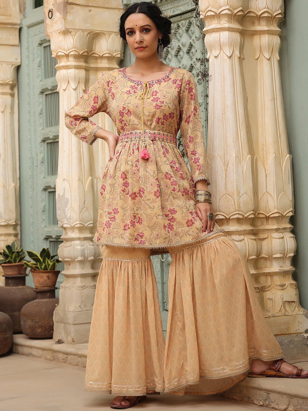 SCAKHI Women Mustard Yellow Floral Printed Pleated Gotta Patti Kurti with Sharara