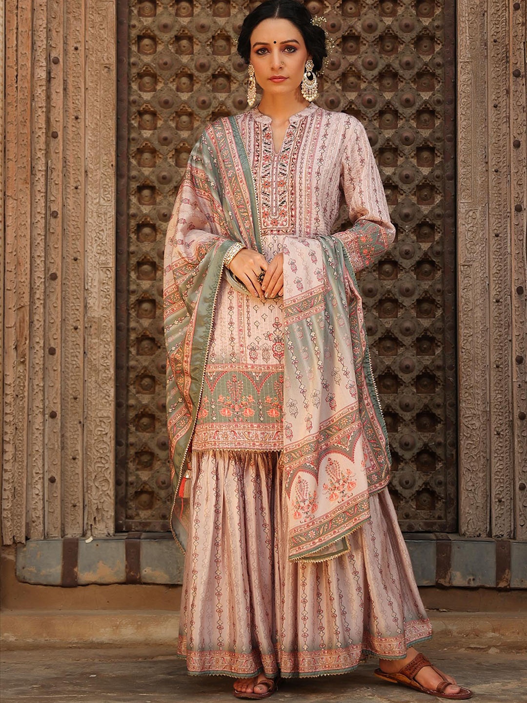 SCAKHI Women Beige & Blue Floral Printed Kurta with Sharara & With Dupatta