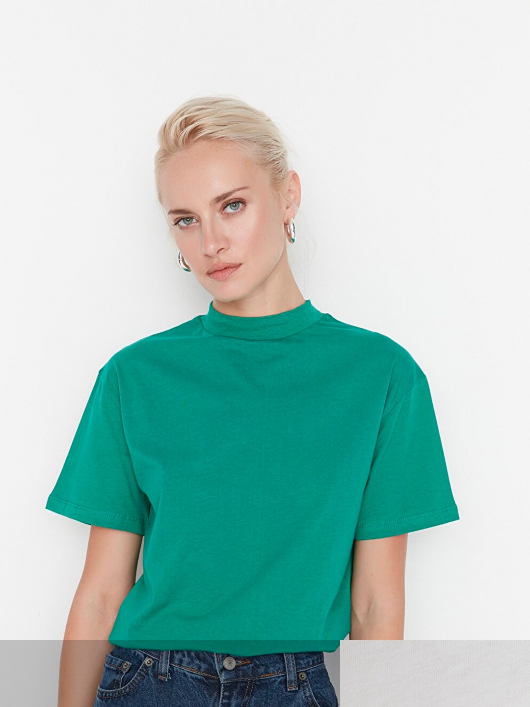 Trendyol Women Pack of 2 High Neck Pure Cotton T-shirt, Green