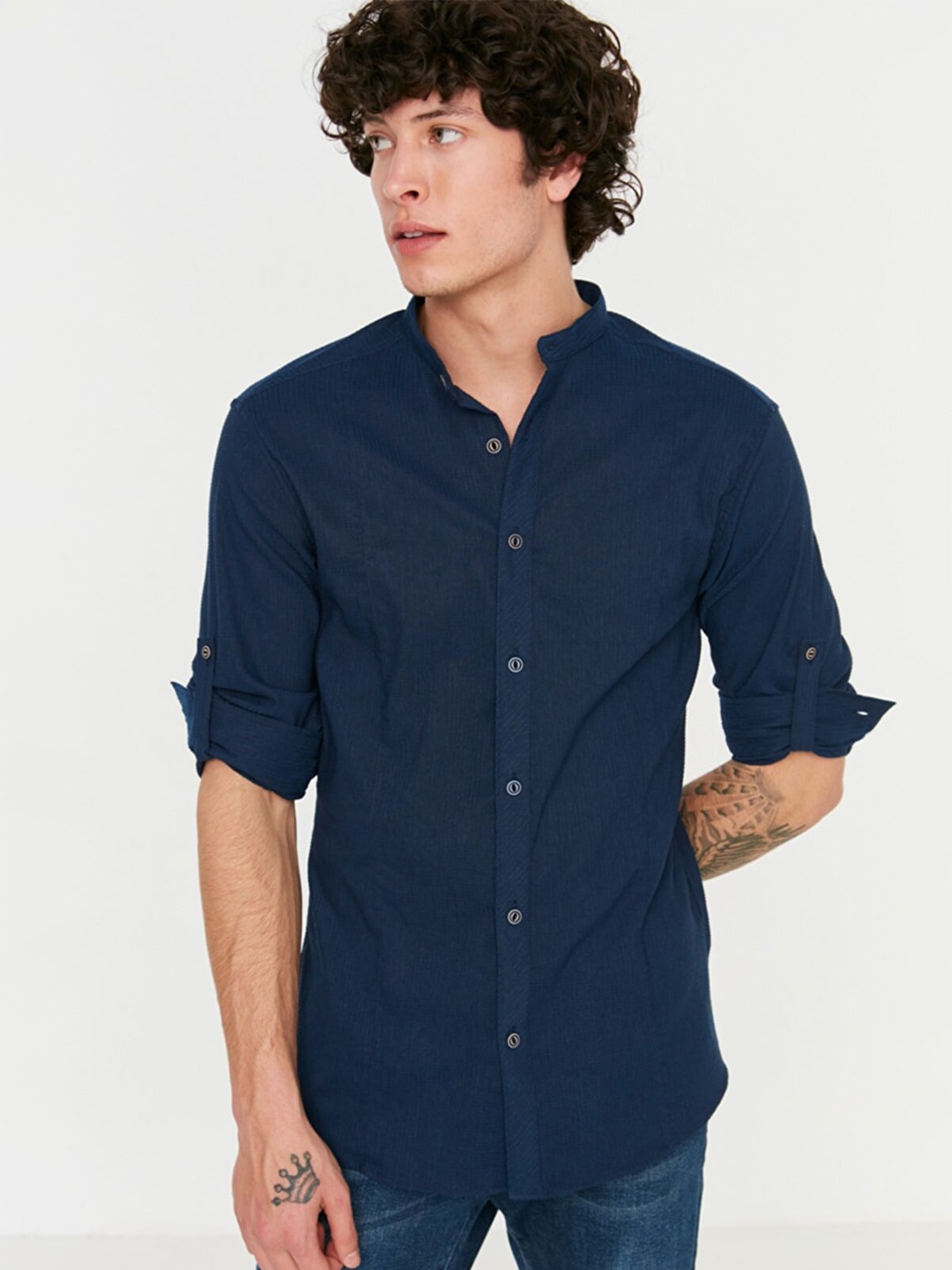Trendyol Men Navy Blue Mandarin Collar Casual Shirt