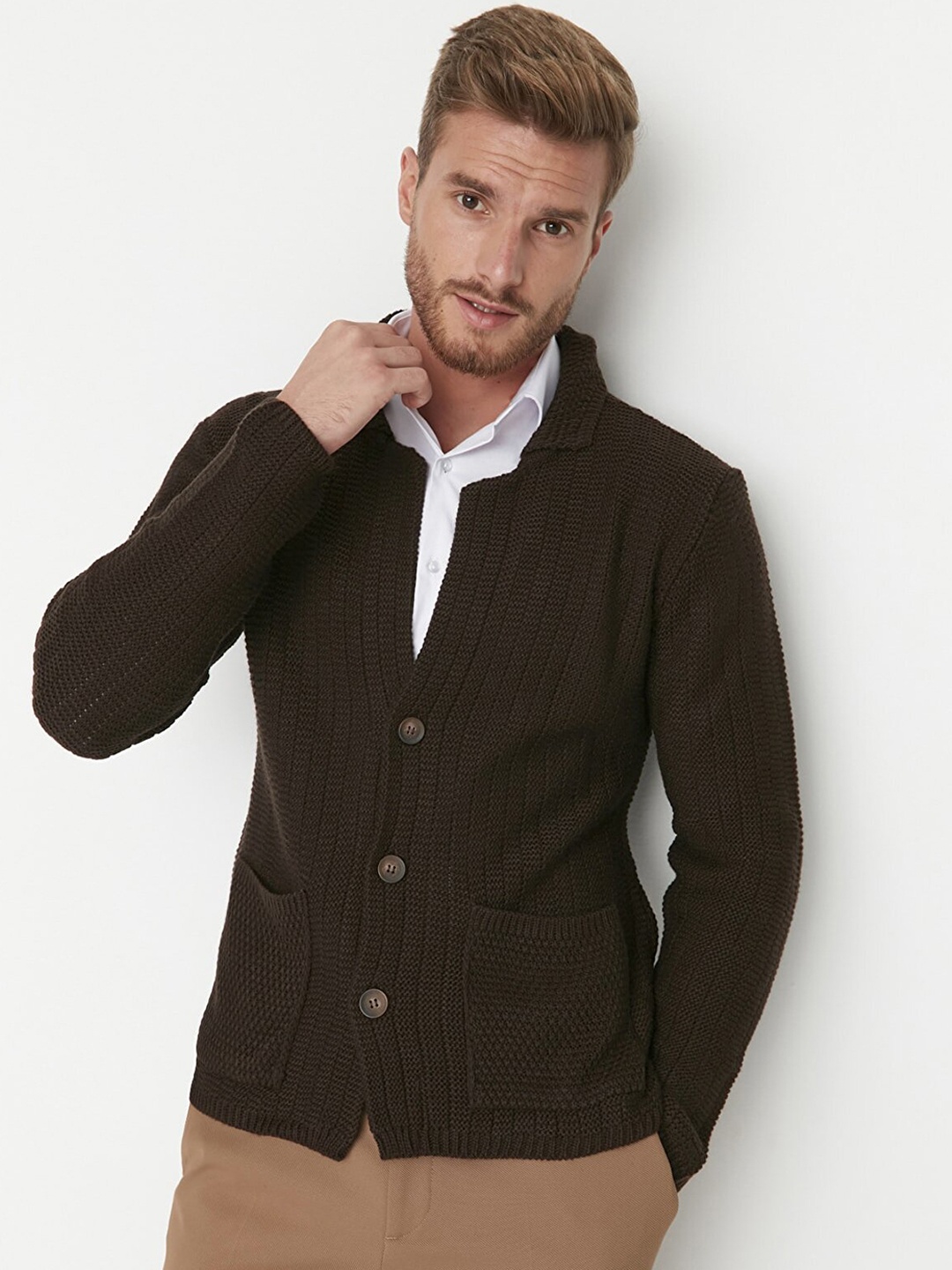 Trendyol Men Brown Self Design Cardigan