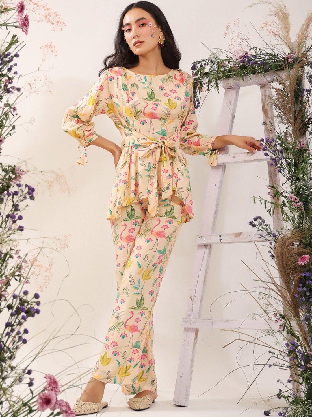 JISORA Women Beige Printed Muslin Silk Co-Ords Set
