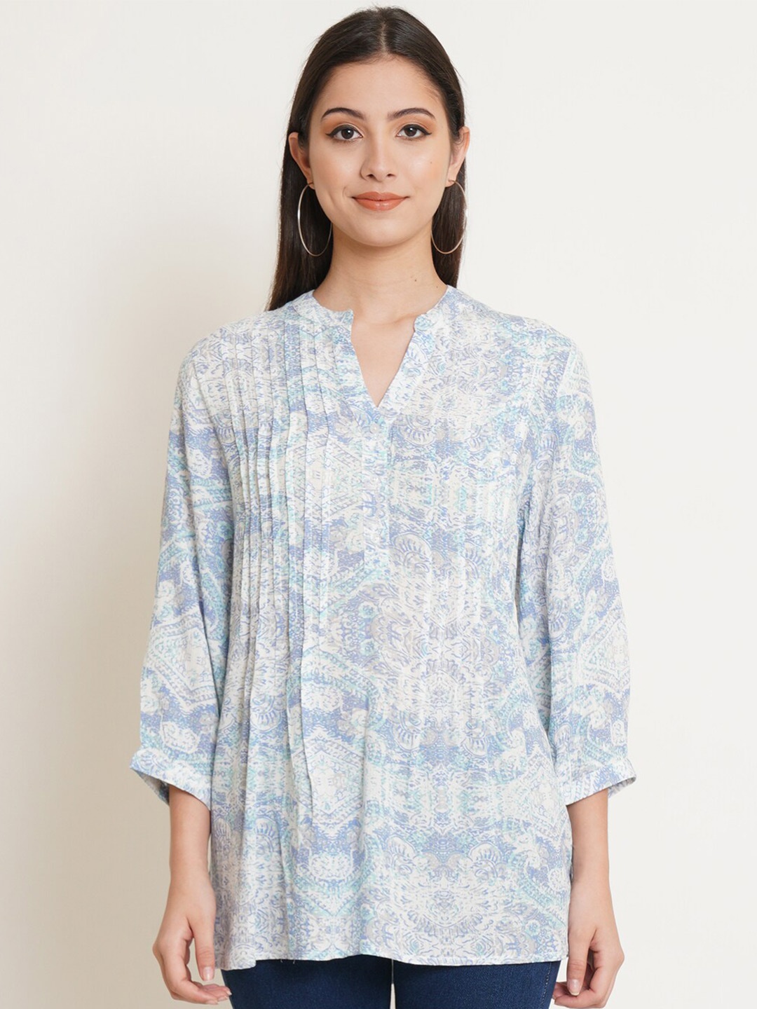 IX IMPRESSION Women Plus Size White & Blue Printed Mandarin Collar Longline Top
IX IMPRESSION Women Plus Size White & Blue Printed Mandarin Collar Longline Top