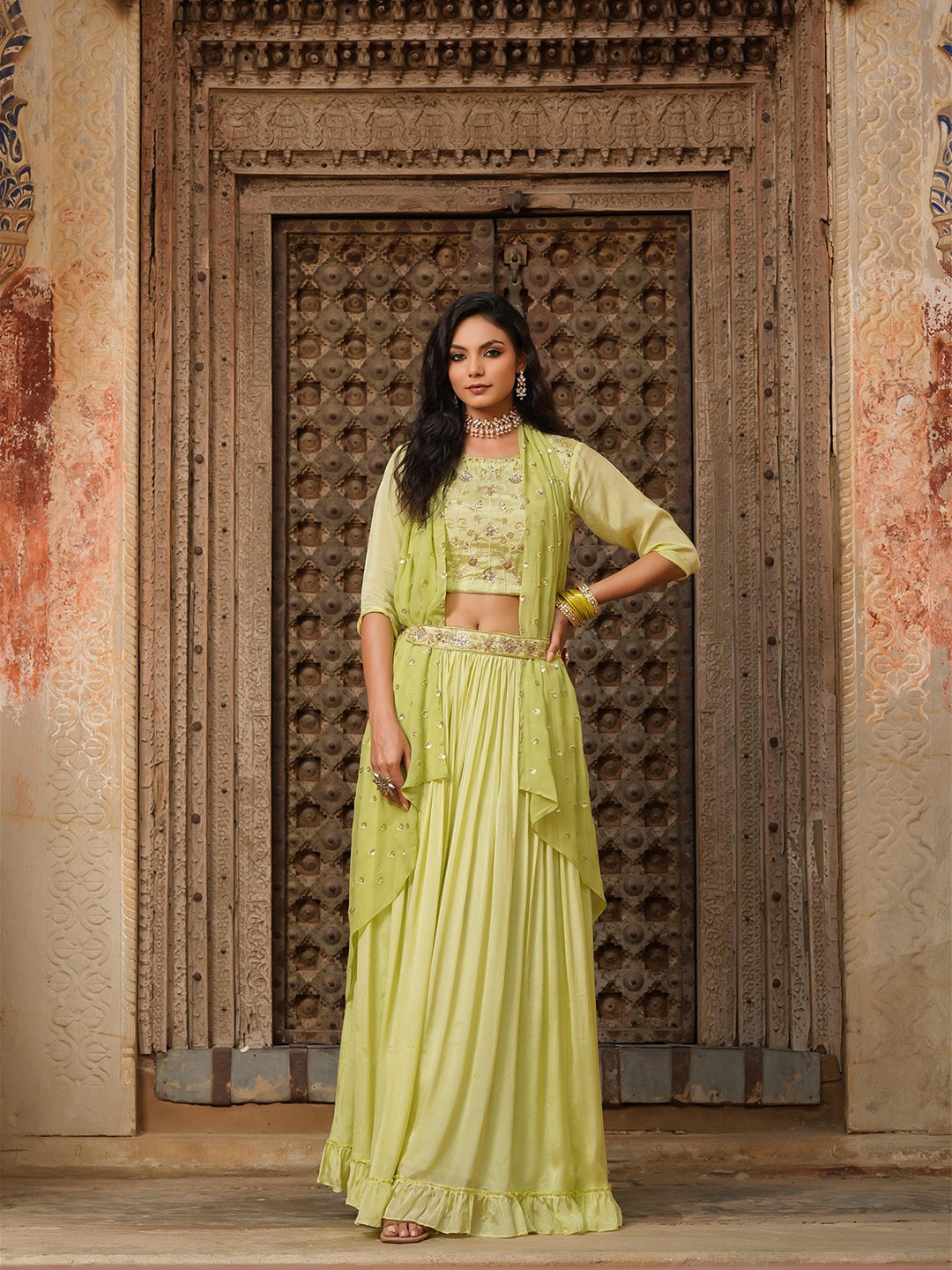 SCAKHI Fluorescent Green & Gold-Toned Embellished Mirror Work Ready to Wear Lehenga & Blouse With Dupatta
SCAKHI Fluorescent Green & Gold-Toned Embellished Mirror Work Ready to Wear Lehenga & Blouse With Dupatta