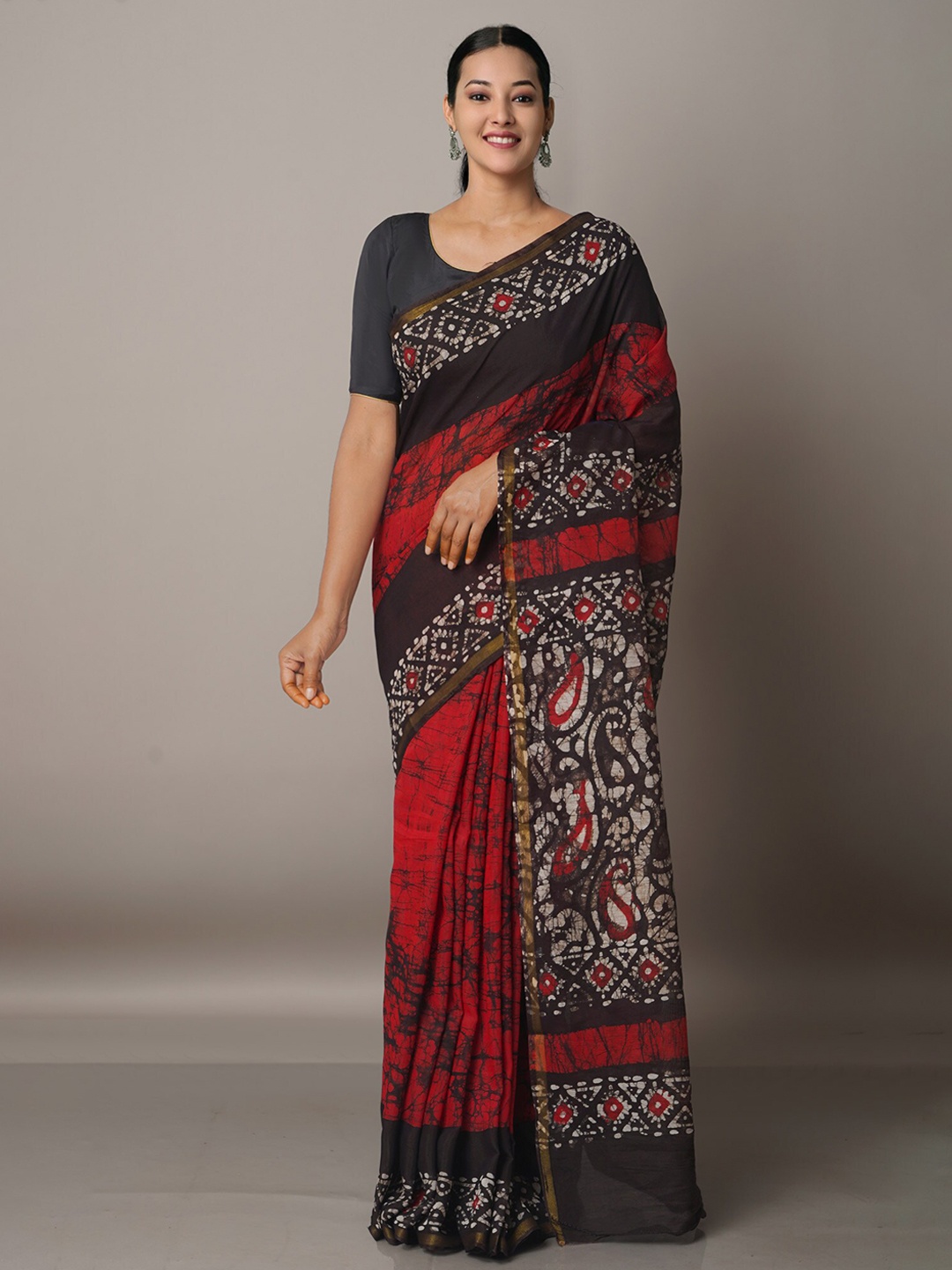 Unnati Silks Black & Red Tie and Dye Zari Silk Cotton Chanderi Saree
