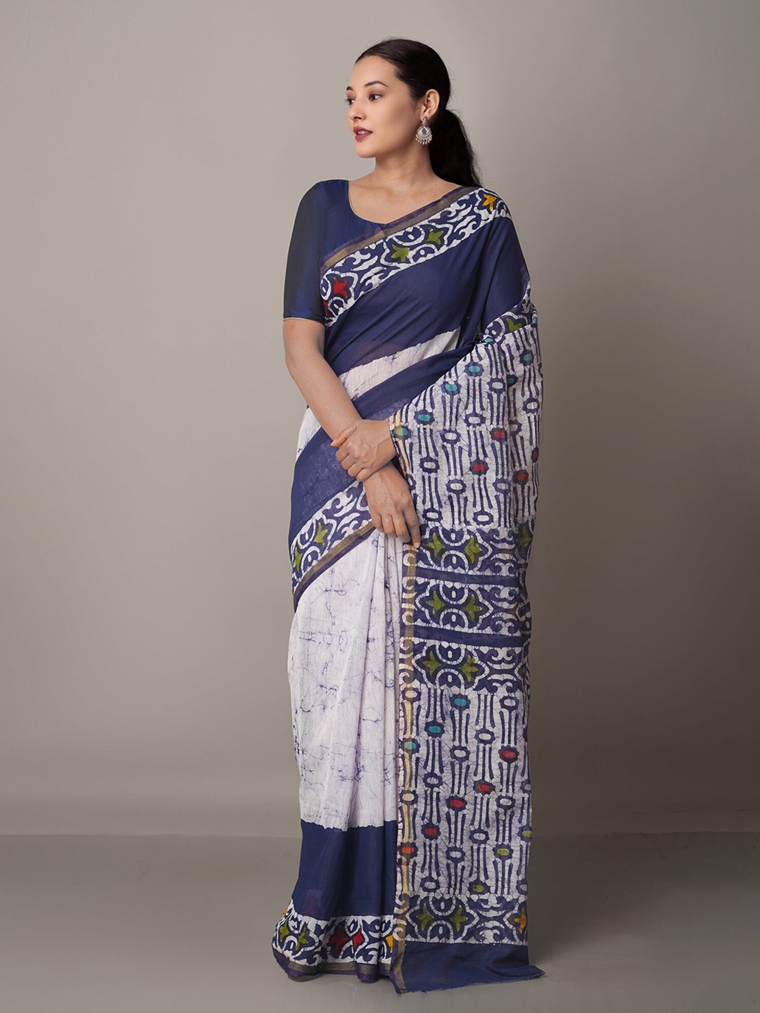 Unnati Silks Navy Blue & White Batik Silk Cotton Chanderi Saree