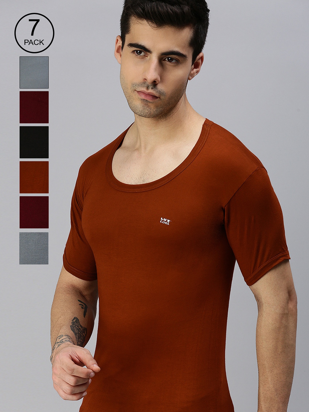 Lux Cozi Men Pack Of 7 Assorted Pure Cotton Short Sleeves Basic Innerwear Vests