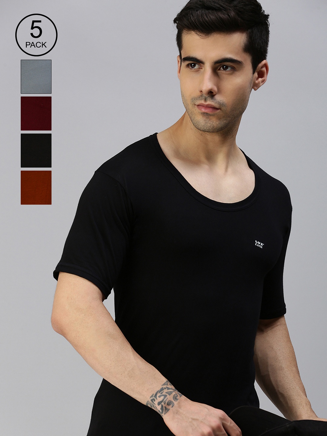 Lux Cozi Men Pack Of 5 Assorted Pure Cotton Short Sleeves Basic Innerwear Vests