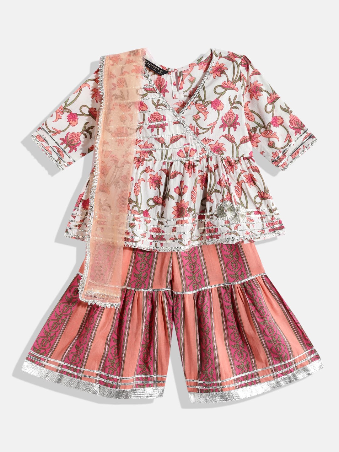 Readiprint Fashions Girls Off White & Pink Cotton Printed Kurti with Sharara & Dupatta
Readiprint Fashions Girls Off White & Pink Cotton Printed Kurti with Sharara & Dupatta