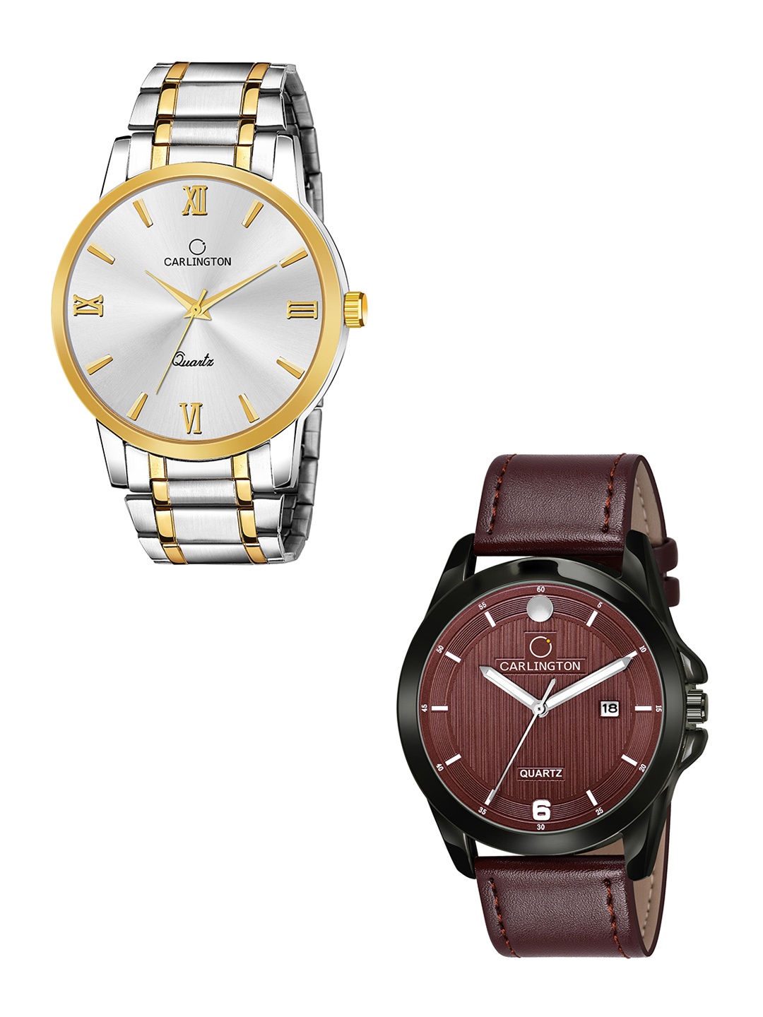 CARLINGTON Men Pack Of 2 Multicoloured Dial & Leather Analogue Watch CT6210 SS-CT1040, Silver