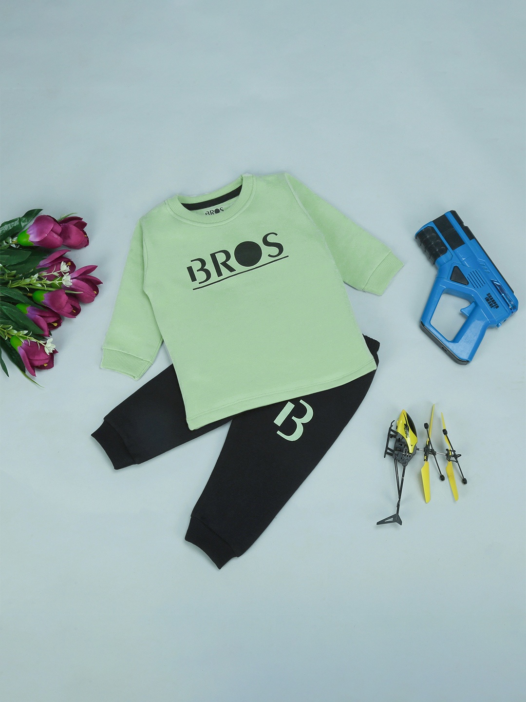 3BROS Kids Olive Green & Black Printed T Shirt with Pyjamas