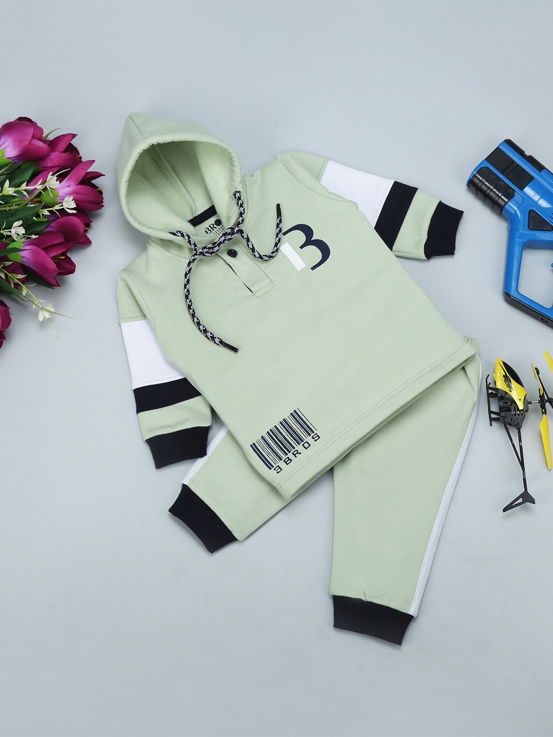 3BROS Kids Olive Green & White Printed Pure Cotton Hooded Sweatshirt with Joggers