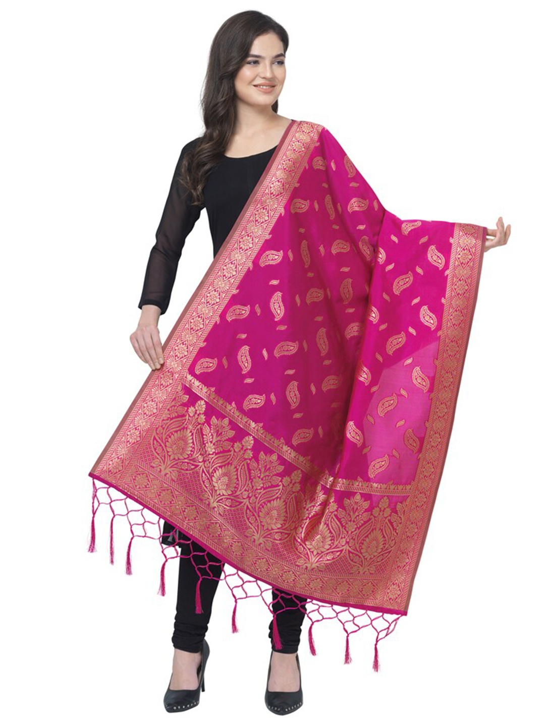 MORLY Women Pink & Gold-Toned Ethnic Motifs Woven Design Banarasi Silk Dupatta with Tassel
MORLY Women Pink & Gold-Toned Ethnic Motifs Woven Design Banarasi Silk Dupatta with Tassel