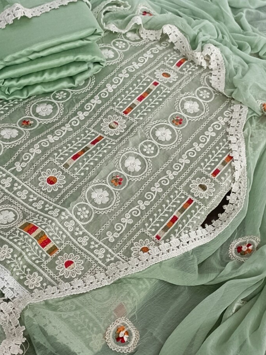SALWAR STUDIO Green & White Embroidered Pure Cotton Unstitched Dress Material
