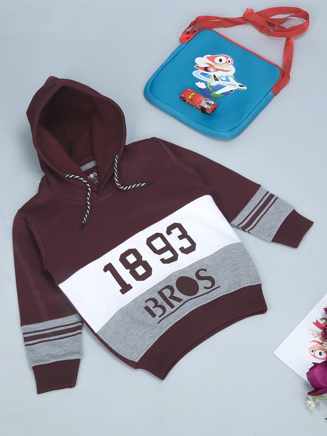 3BROS Unisex Kids Maroon Printed Hooded Sweatshirt
