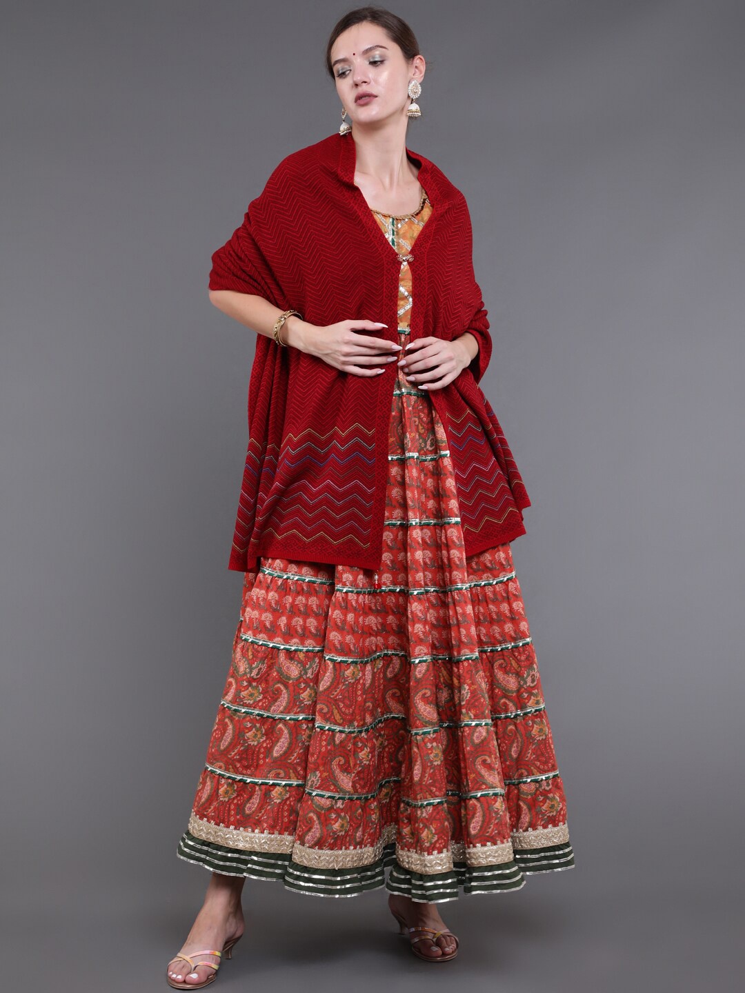 saubhagya Women Red Self Design Shawl