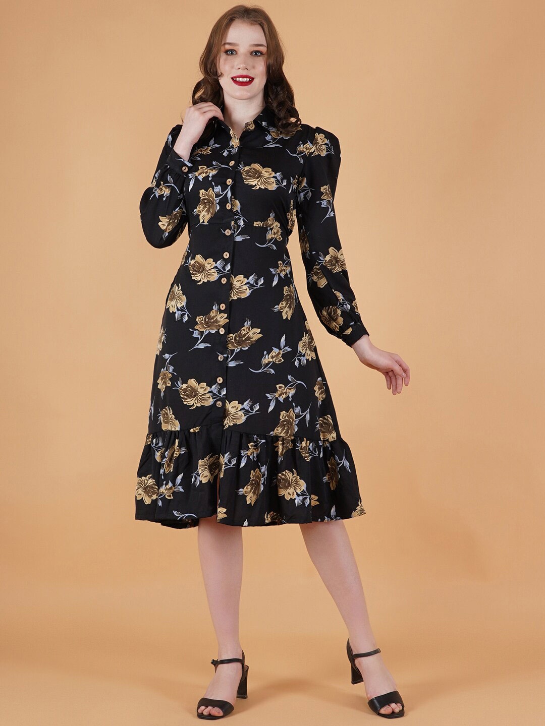 DESI WOMANIYA Black & Mustard Yellow Floral Crepe Shirt Dress