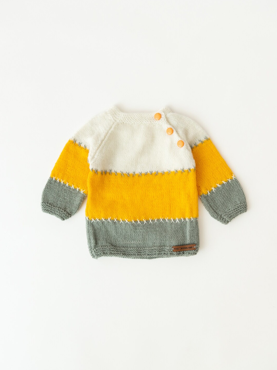 The Original Knit Yellow & White Colourblocked Acrylic Pullover with Embroidered Detail