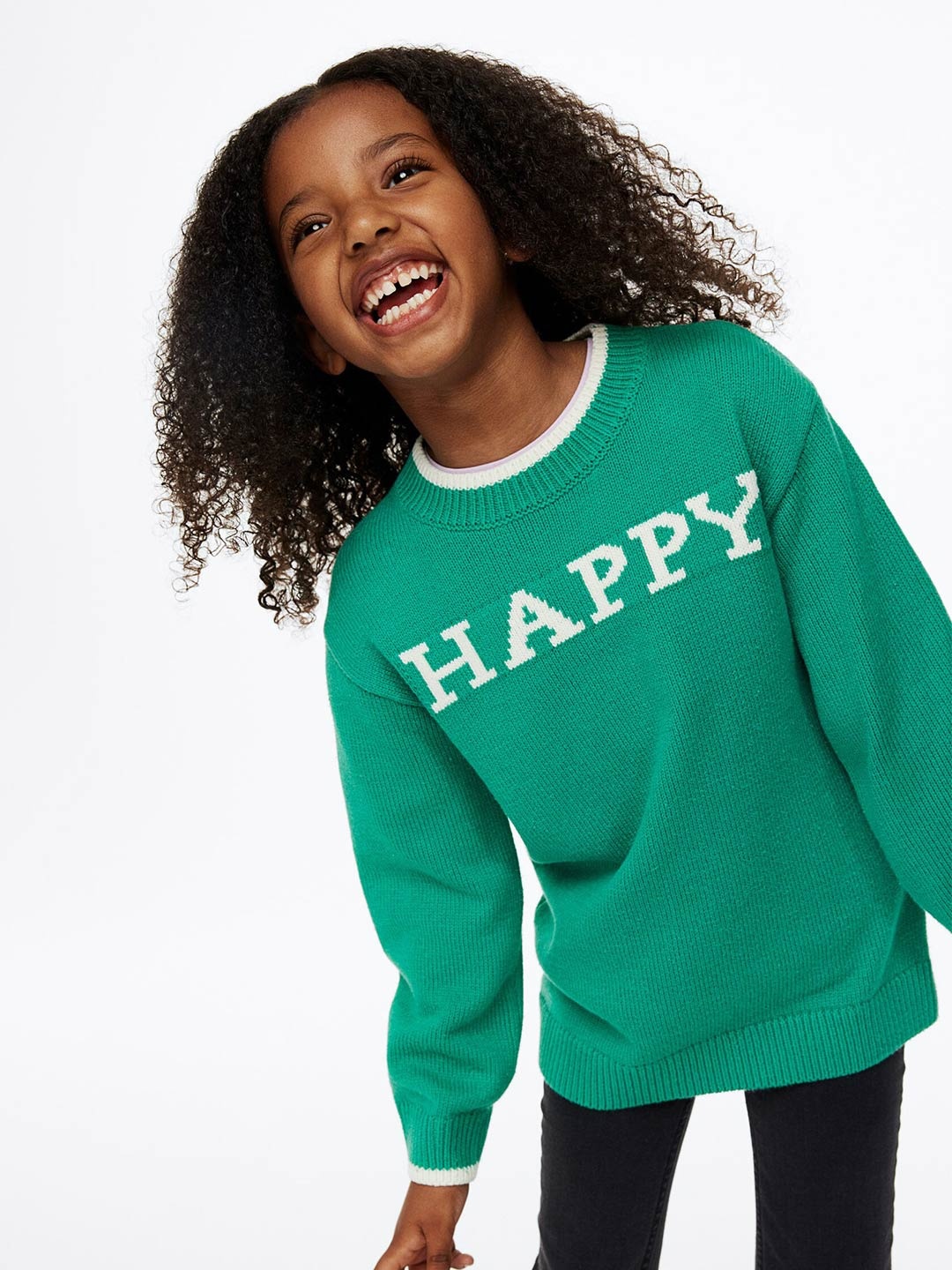 H&M Girls Green & White Typography Printed Pullover