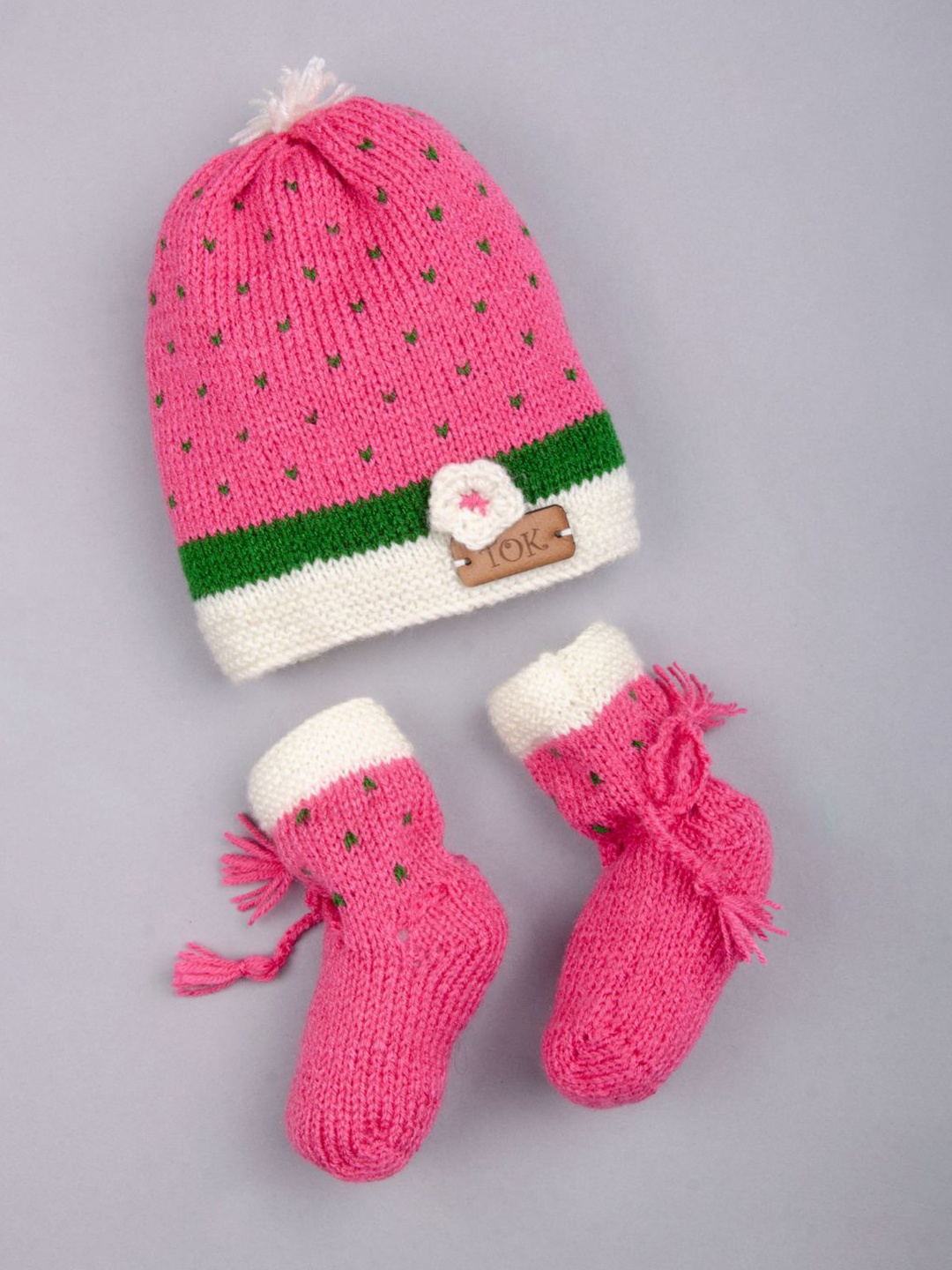 The Original Knit Kids Pink & White Colourblocked Beanie With Socks