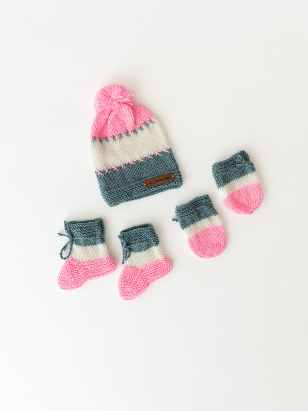 The Original Knit Unisex Kids Pink & White Colourblocked Beanie