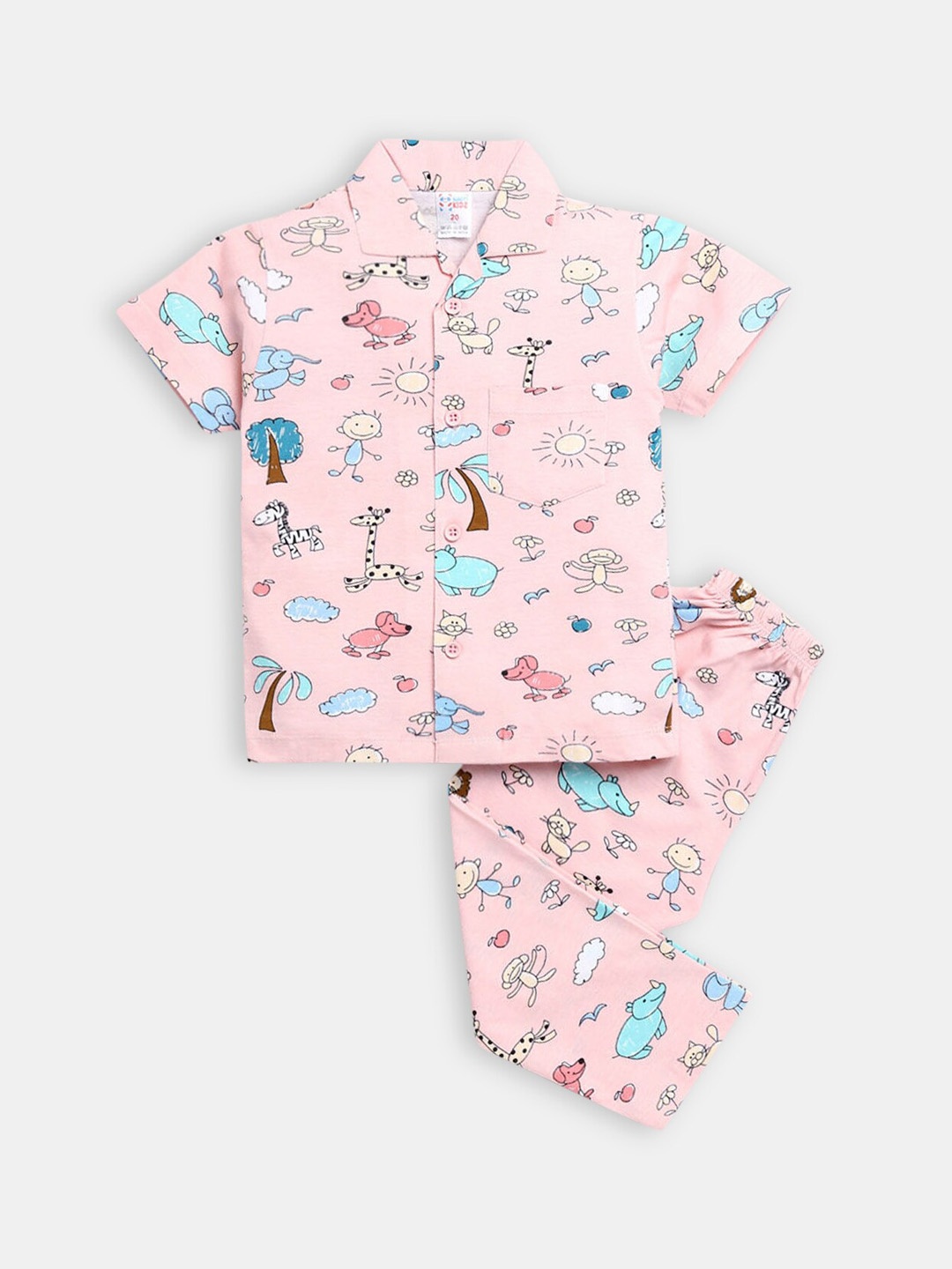 Hopscotch Boys Peach-Coloured & Blue Printed Pure Cotton Night suit