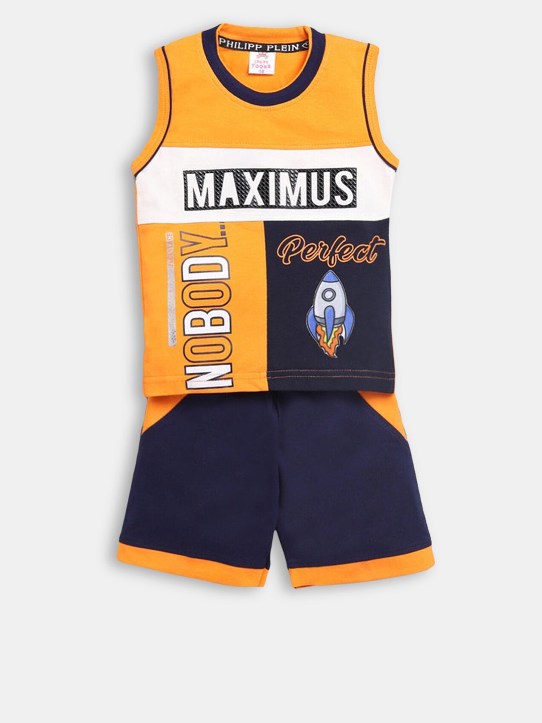 Hopscotch Boys Orange And Blue Printed T Shirt With Shorts