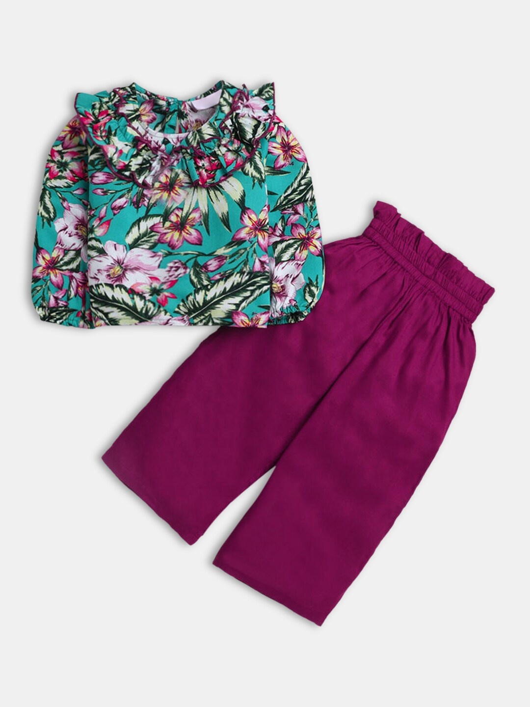 Hopscotch Girls Green & Burgundy Printed Top with Trousers