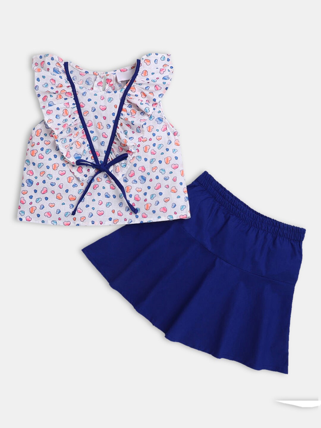 Hopscotch Girls White & Blue Printed Top with Skirt