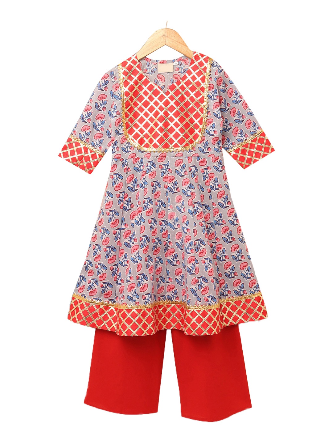Hopscotch Girls Grey Ethnic Motifs Printed Gotta Patti Pure Cotton Kurta with Palazzos