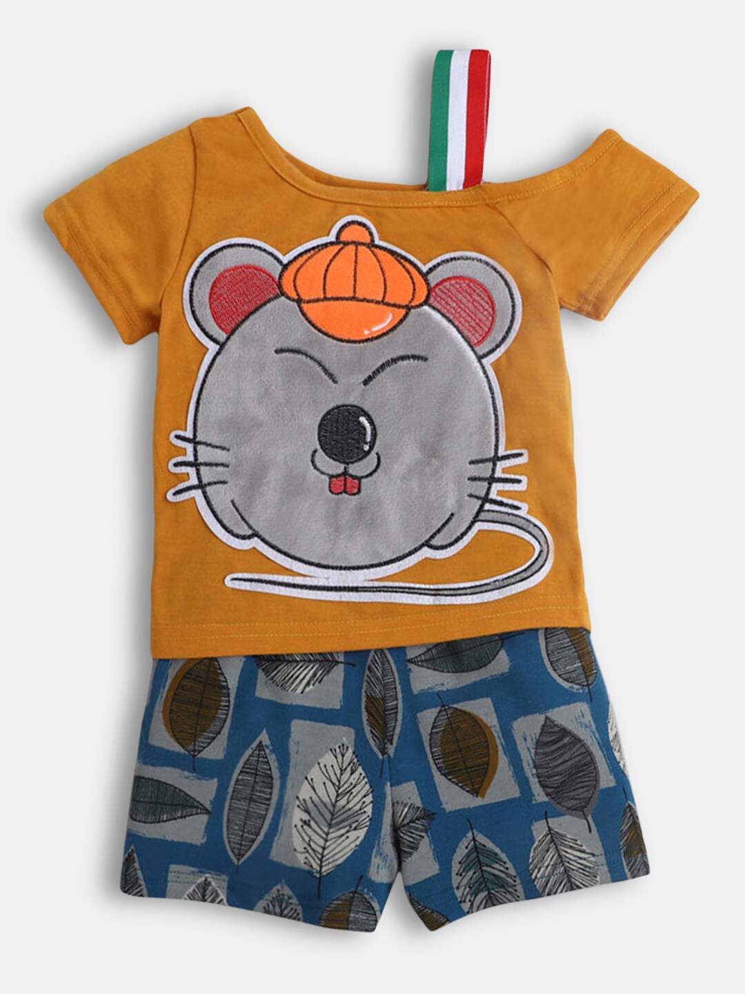 Hopscotch Girls Yellow & Blue Printed Cotton Top with Shorts