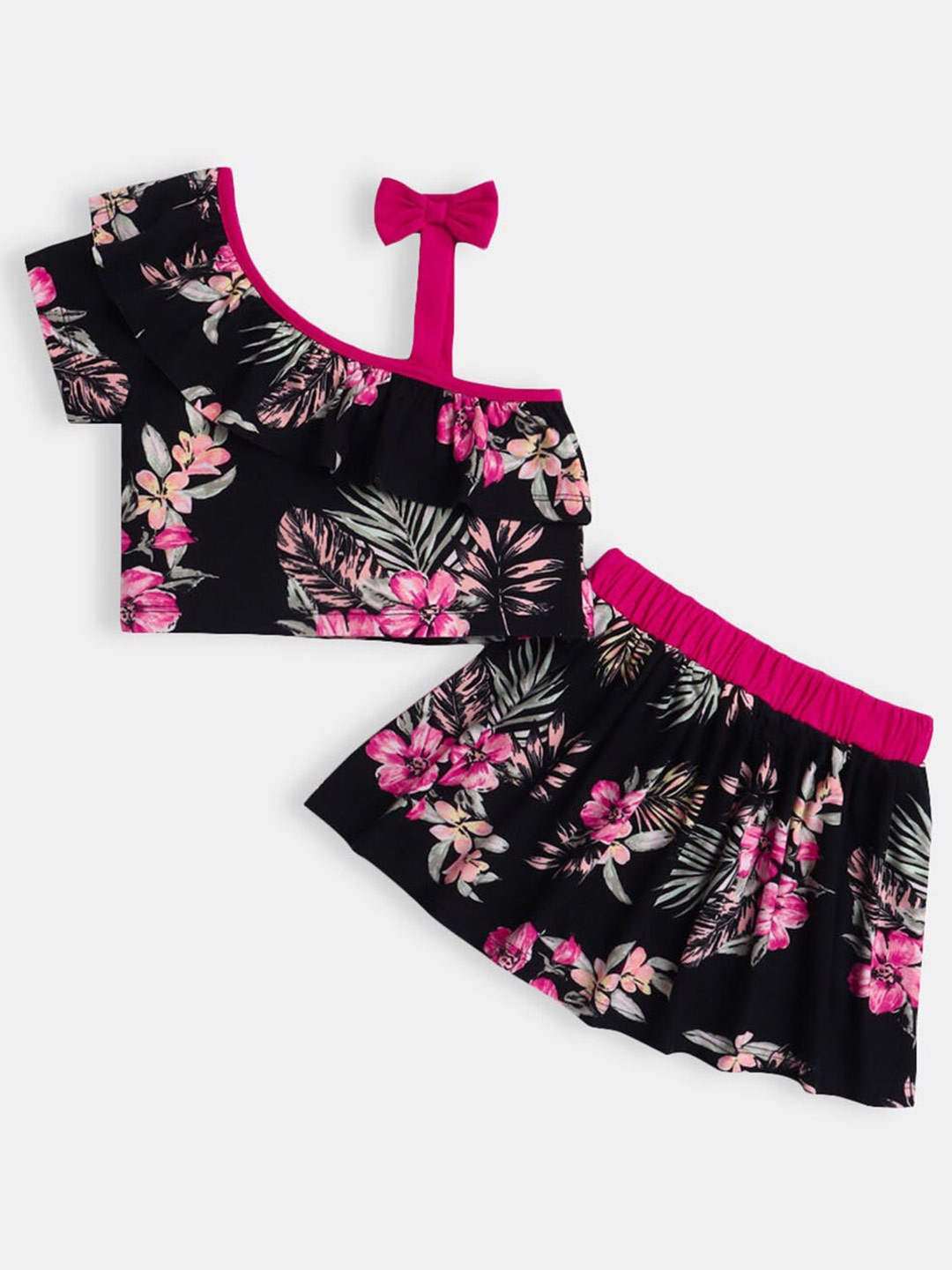 Hopscotch Girls Black & Pink Printed Top with Skirt Set