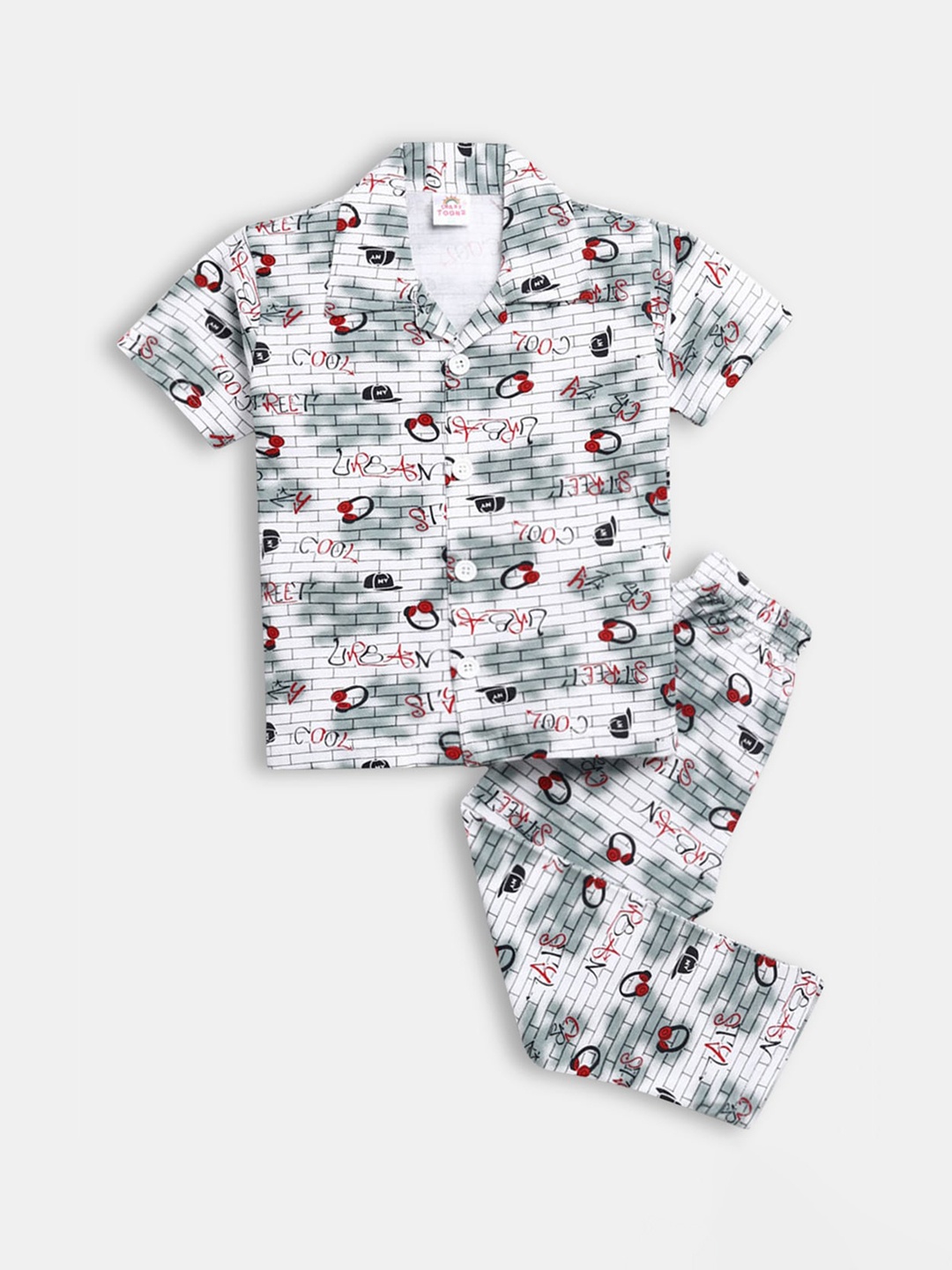 Hopscotch Boys White & Black Printed Pure Cotton Night suit