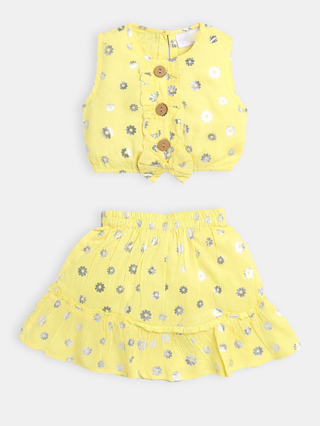 Hopscotch Girls Yellow & Grey Printed Pure Cotton Top with Skirt