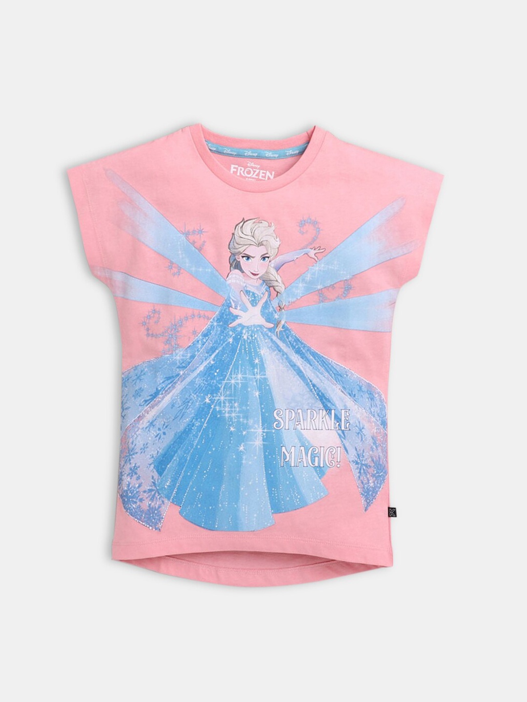 Hopscotch Girls Pink & Blue Elsa Printed Pure Cotton Extended Sleeves T-shirt