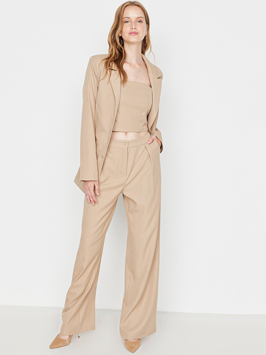 Trendyol Women Camel Brown Pleated Trousers