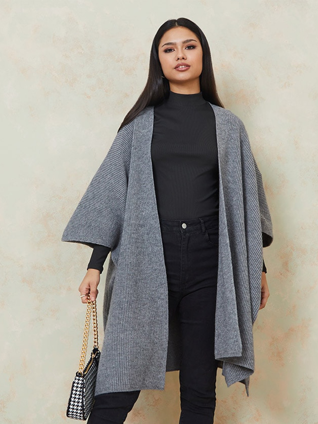 Styli Women Grey Knitted Open Front Oversized Longline Cardigan