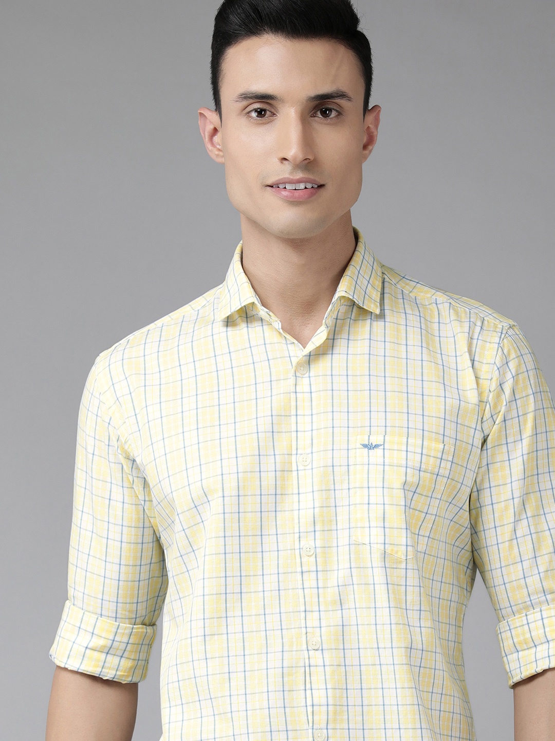 Park Avenue Men White & Yellow Slim Fit Tartan Checked Pure Cotton Casual Shirt