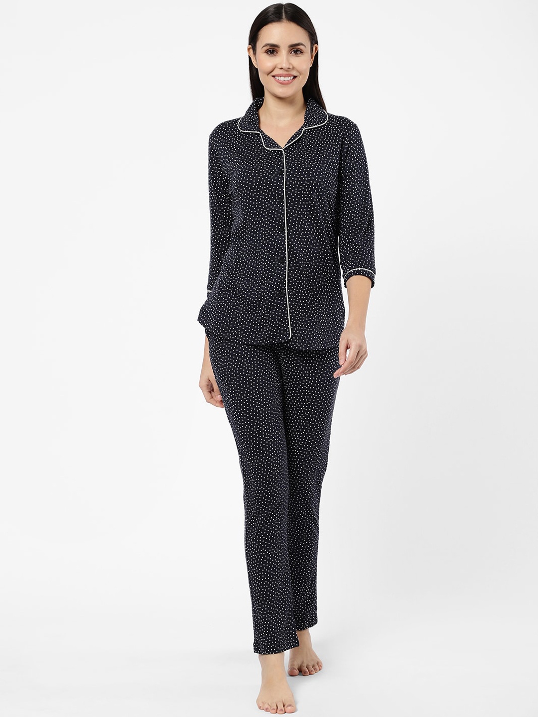SDL by Sweet Dreams Women Navy Blue & Off White Polka Dot Cotton Night suit OCW-2434A
SDL by Sweet Dreams Women Navy Blue & Off White Polka Dot Cotton Night suit OCW-2434A