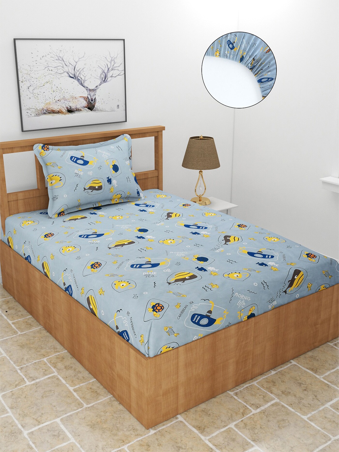 MORADO Blue & Yellow Conversational 210 TC Single Bedsheet with 1 Pillow Cover