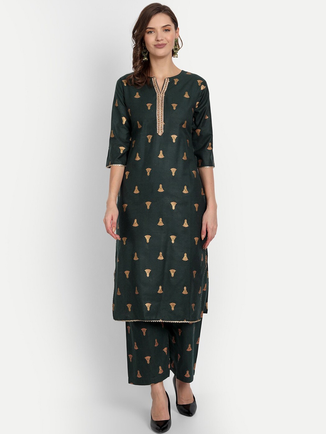 RGHT Women Green Printed Pure Cotton Kurta with Trousers