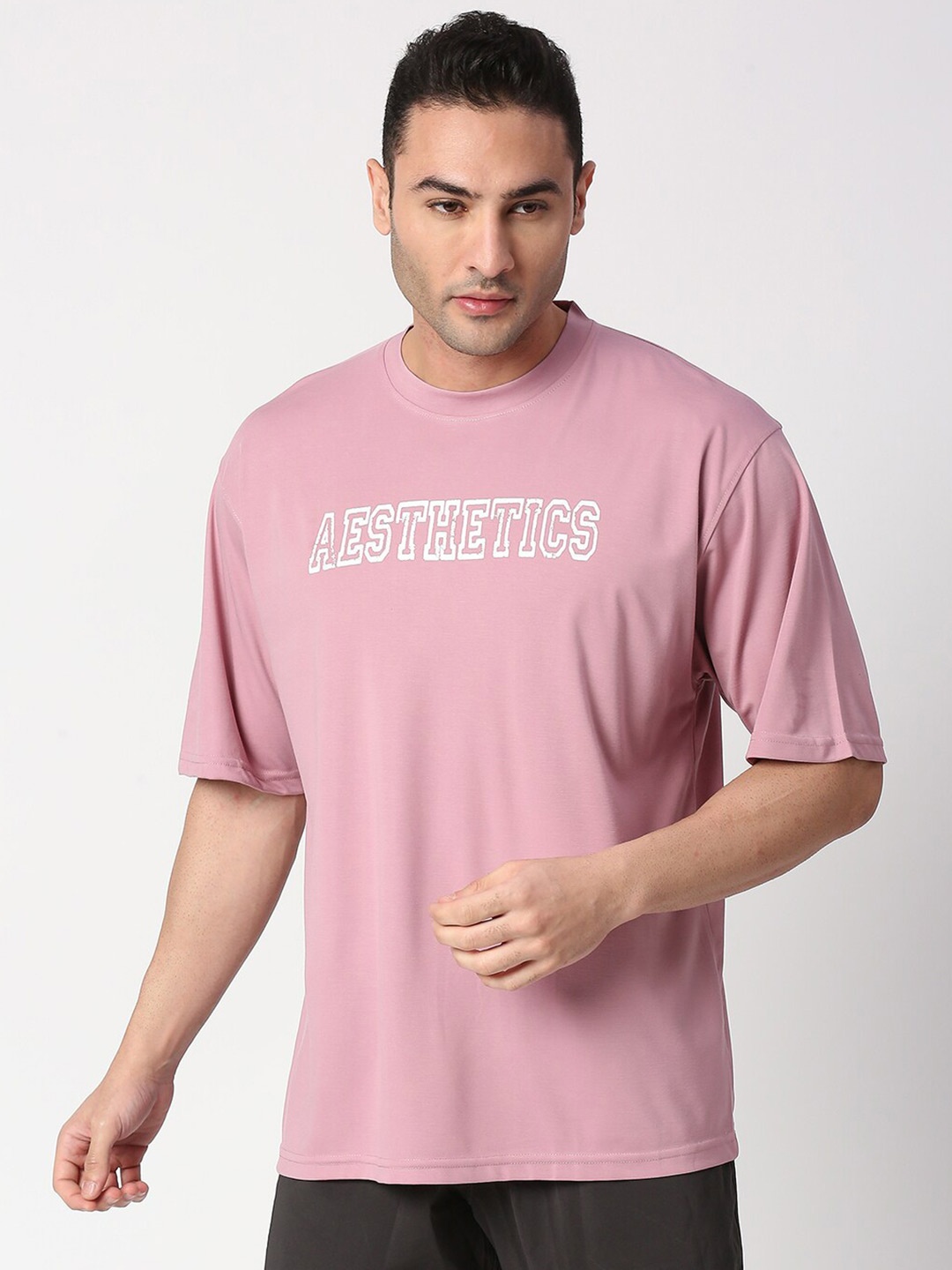 AESTHETIC NATION Men Tencel Typography Printed Anti Odour Oversize T-shirt, Mauve