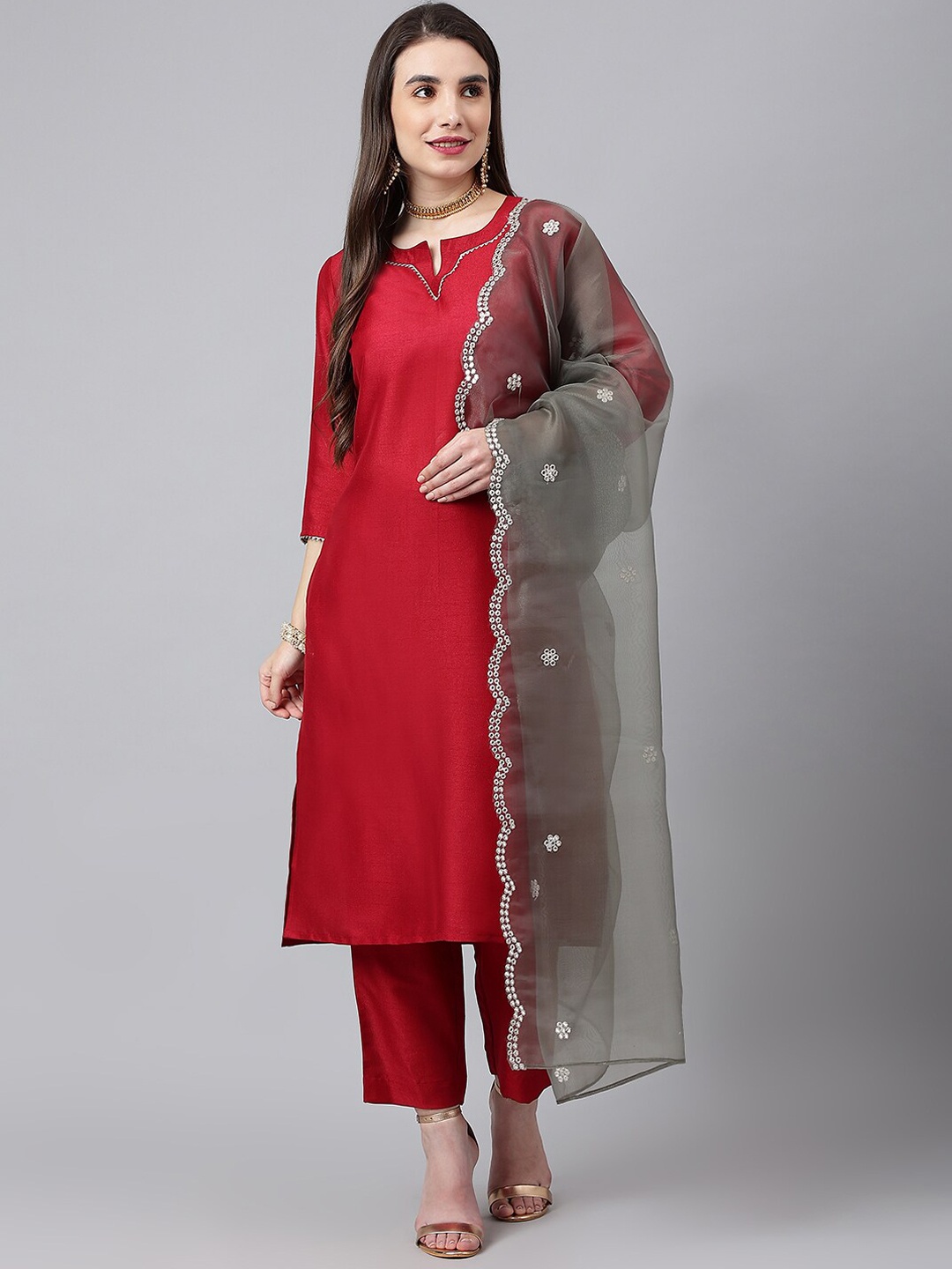 SIAH Women Maroon Silk Crepe Kurta with Trousers & With Dupatta