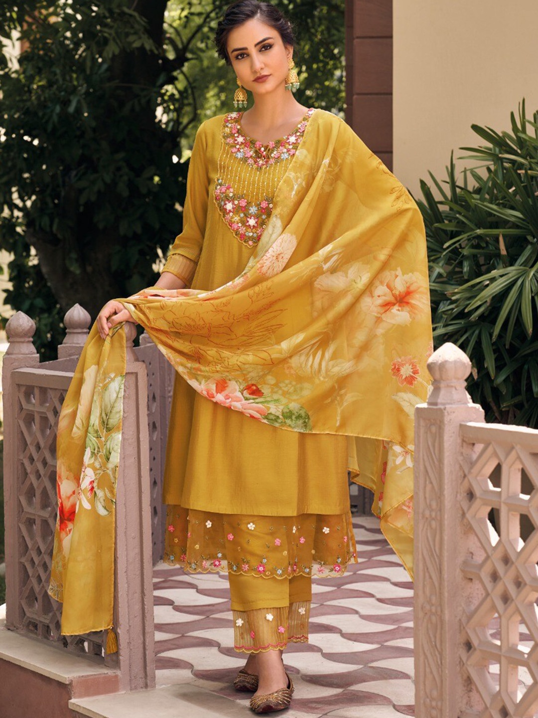 AUTUMN LANE Women Yellow Floral Embroidered Kurti with Salwar & With Dupatta