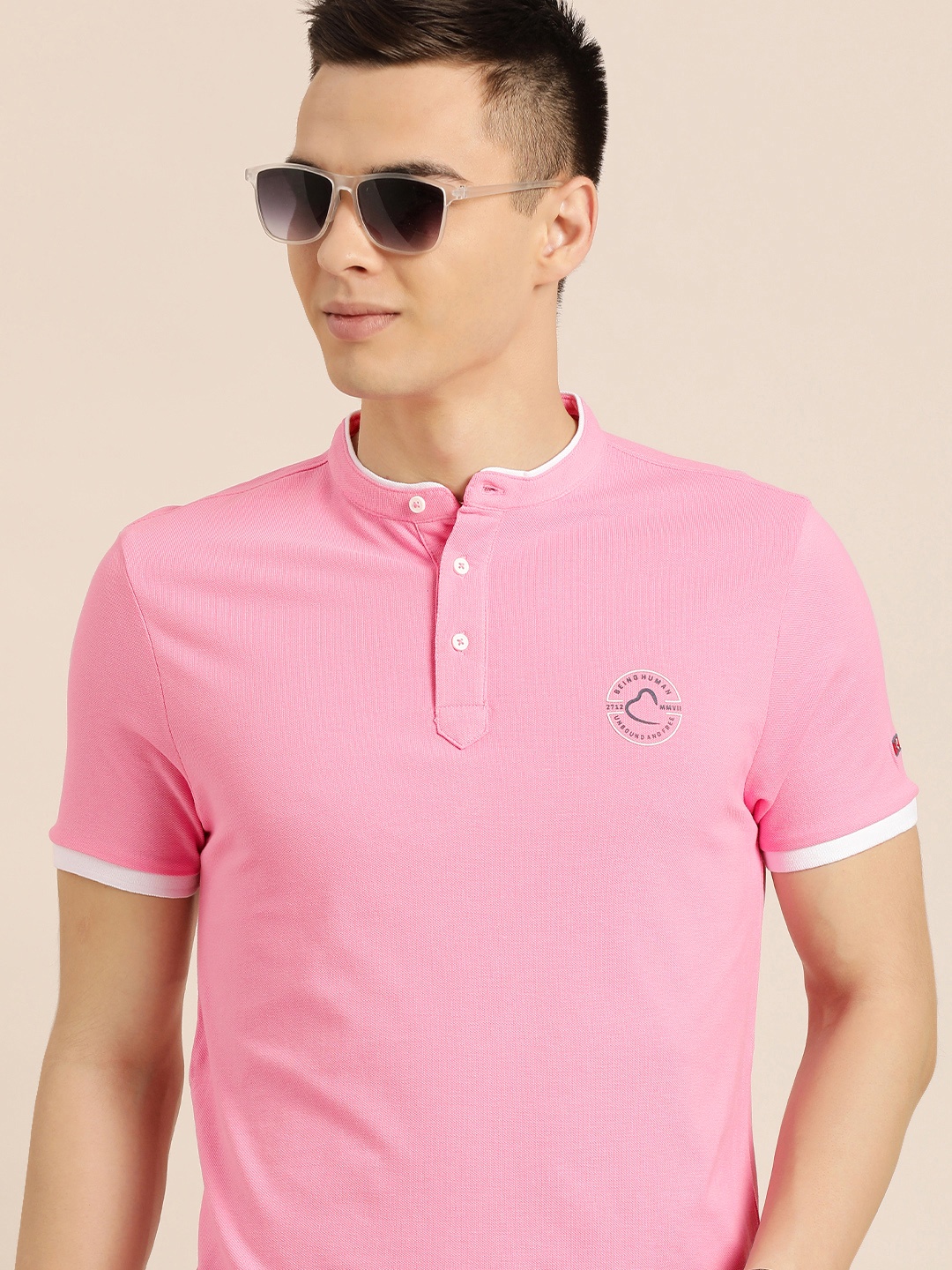 Being Human Men Pink Mandarin Collar Pure Cotton Slim Fit T-shirt With Brand Logo Print
Being Human Men Pink Mandarin Collar Pure Cotton Slim Fit T-shirt With Brand Logo Print