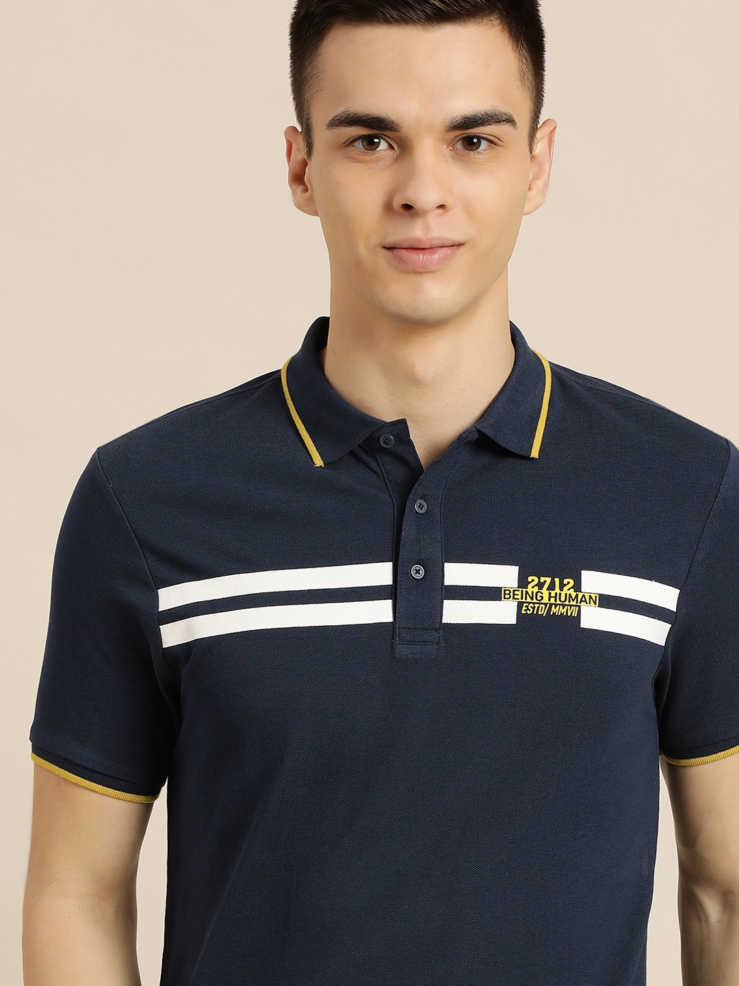 Being Human Men Navy Blue Striped Polo Collar Pure Cotton Slim Fit T-shirt With Brand Logo
Being Human Men Navy Blue Striped Polo Collar Pure Cotton Slim Fit T-shirt With Brand Logo
