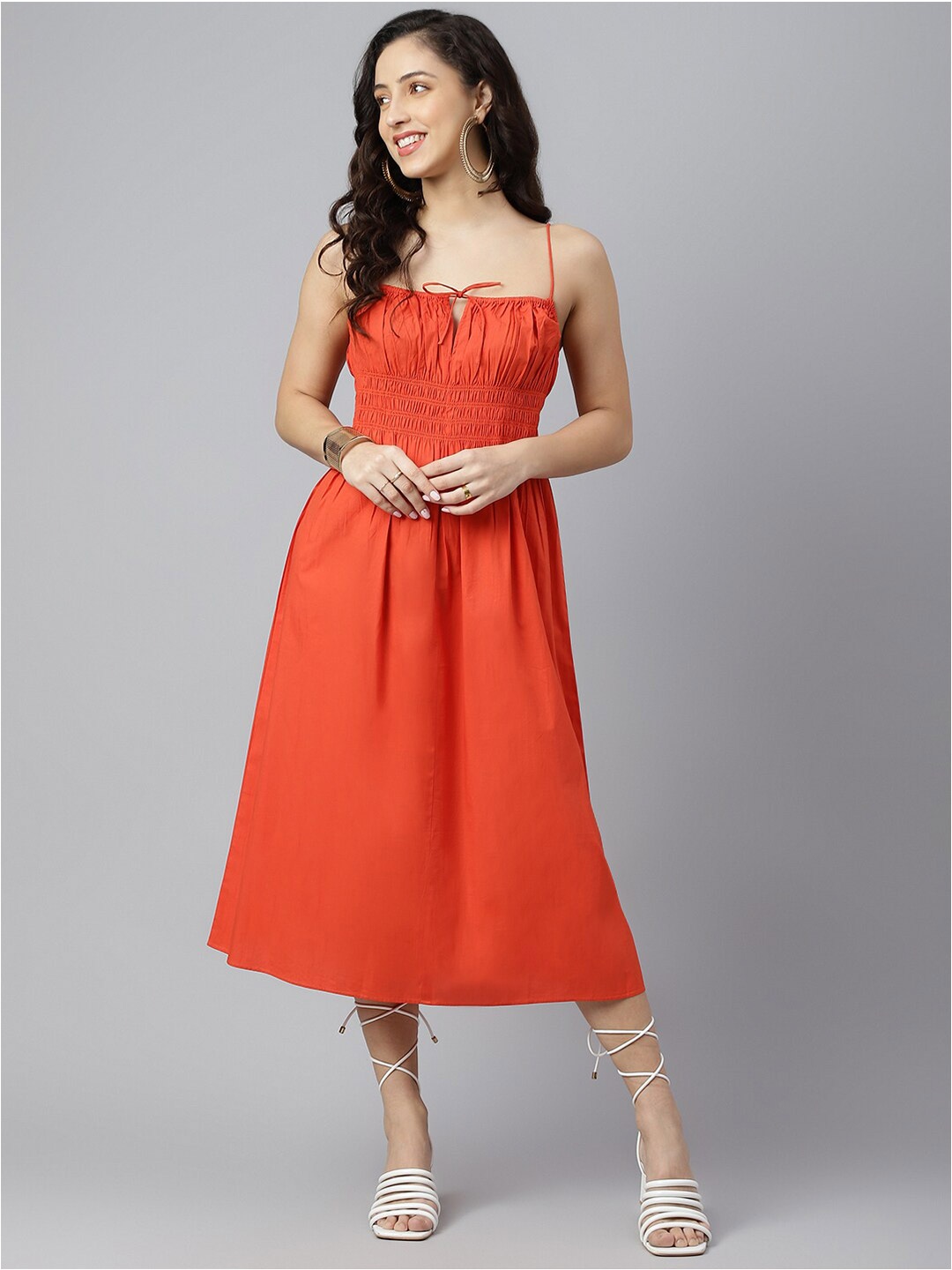 pinwheel Women Orange Tie-Up Neck A-Line Midi Dress